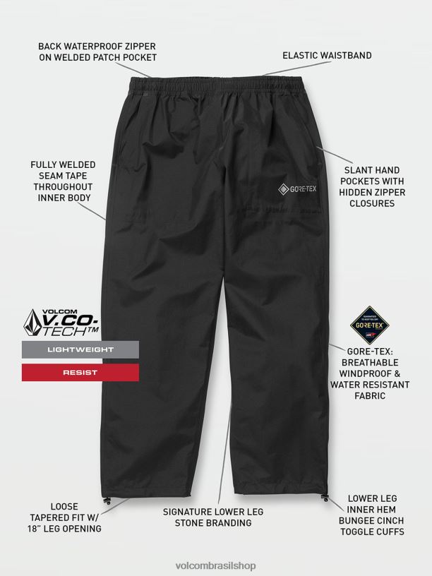 br Volcom unissex ar livre calça gore-tex com espaçamento externo preto 88NNJ760