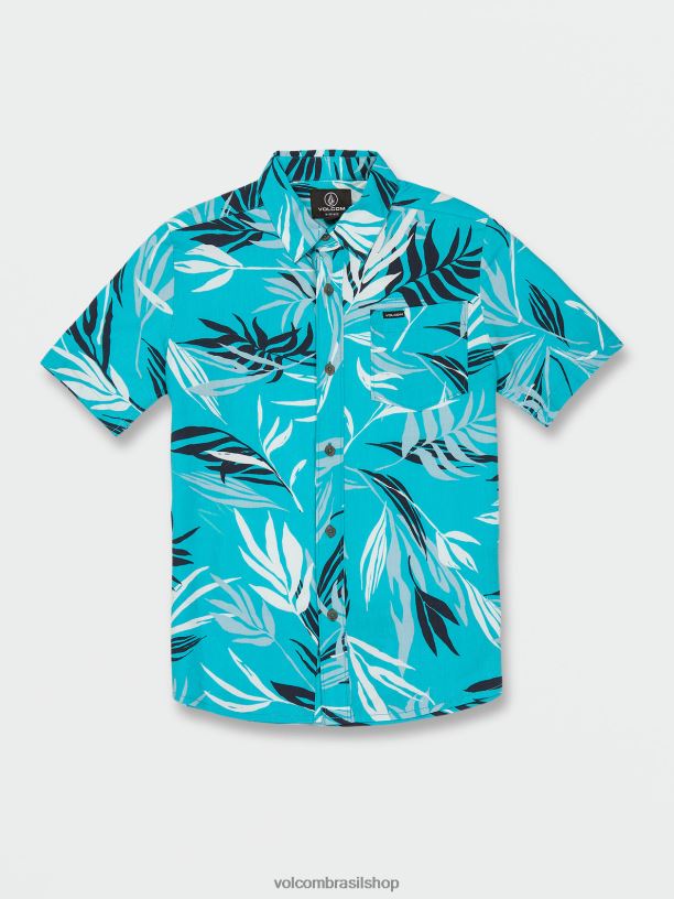 br Volcom Rapazes roupas camisa manga curta folha sangrando azul elétrico 88NNJ1183